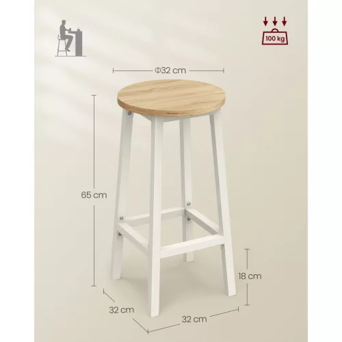 Scaune de bar 2 buc, cadru din metal, suport pentru picioare, stejar alb, 32 x 32 x 64 cm