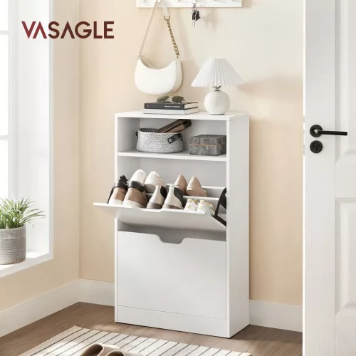 Raft depozitare pantofi cu 2 compartimente rabatabile pentru 8-12 perechi, alb 102x60x24cm