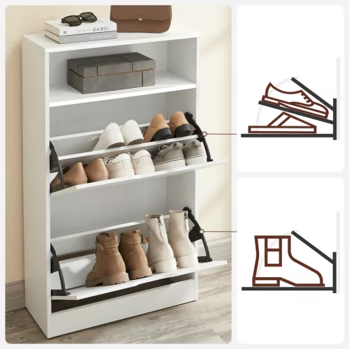 Raft depozitare pantofi cu 2 compartimente rabatabile pentru 8-12 perechi, alb 102x60x24cm