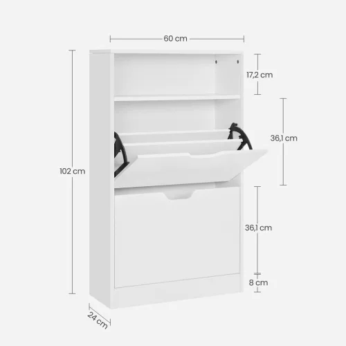 Raft depozitare pantofi cu 2 compartimente rabatabile pentru 8-12 perechi, alb 102x60x24cm
