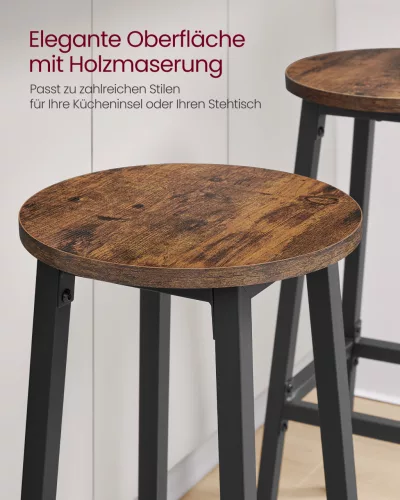 Scaune de bar 2 buc, cadru metalic cu suport pentru picioare, maro-negru rustic,