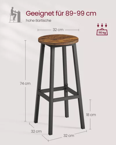 Scaune de bar 2 buc, cadru metalic cu suport pentru picioare, maro-negru rustic,