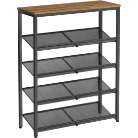 vasagle-raft-pentru-pantofi-5-niveluri-cu-rafturi-reglabile-din-plasa-maro-miere-si-negru