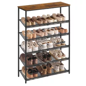   Raft pentru pantofi cu 6 niveluri, reglabil, metalic, maro rustic și negru, 90x30x180cm