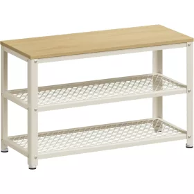   Banchetă depozitare pantofi, cu 2 rafturi, cadru din oțel, stejar bej și alb, 73 x 45