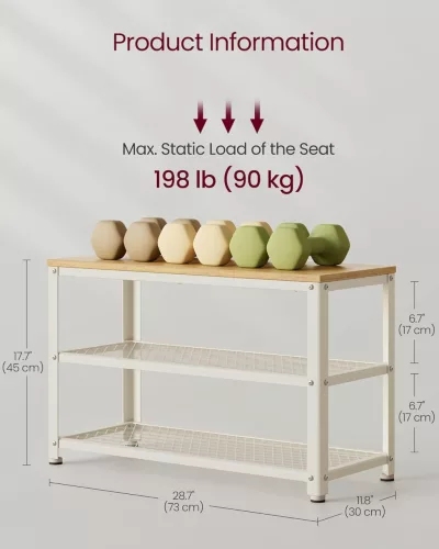Banchetă depozitare pantofi, cu 2 rafturi, cadru din oțel, stejar bej și alb, 73 x 45