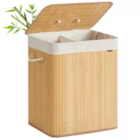   Coș de rufe cu 2 compartimente, 120L, bambus, cu sac detașabil și lavabil, natural