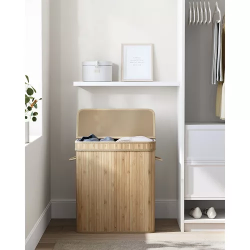 Coș de rufe din bambus cu capac, sac detașabil și lavabil, 100L, bej natural, 54.5 x
