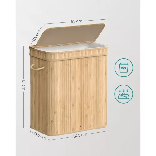 Coș de rufe din bambus cu capac, sac detașabil și lavabil, 100L, bej natural, 54.5 x