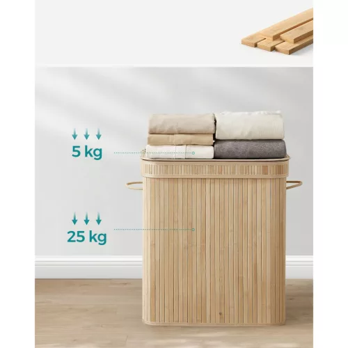 Coș de rufe din bambus cu capac, sac detașabil și lavabil, 100L, bej natural, 54.5 x