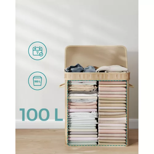 Coș de rufe din bambus cu capac, sac detașabil și lavabil, 100L, bej natural, 54.5 x
