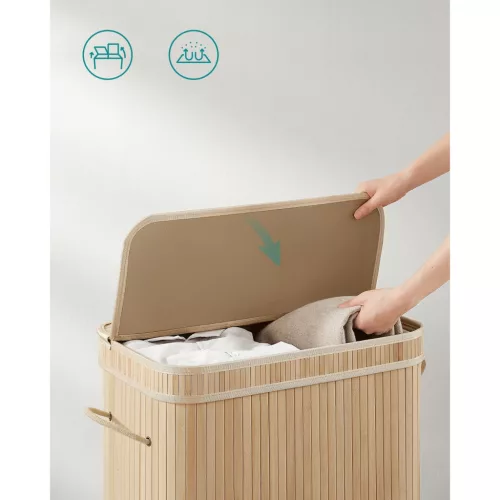 Coș de rufe din bambus cu capac, sac detașabil și lavabil, 100L, bej natural, 54.5 x