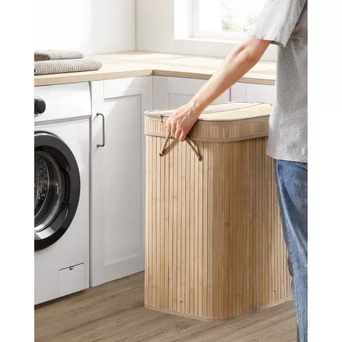 Coș de rufe din bambus cu capac, sac detașabil și lavabil, 100L, bej natural, 54.5 x