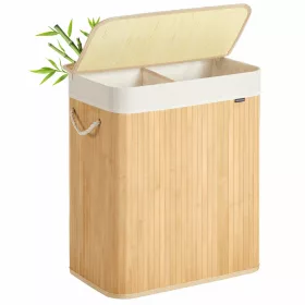   Coș de rufe din bambus 100L, 2 compartimente, cu sac detașabil, natural