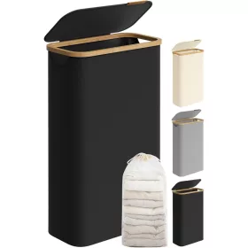   Coș de rufe cu capac, sac detașabil, 65L, cu mâner din bambus, negru, 42 x 22.5 x 70.5