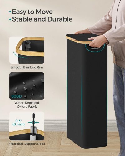 Coș de rufe cu capac, sac detașabil, 65L, cu mâner din bambus, negru, 42 x 22.5 x 70.5