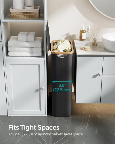 Coș de rufe cu capac, sac detașabil, 65L, cu mâner din bambus, negru, 42 x 22.5 x 70.5