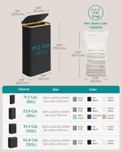 Coș de rufe cu capac, sac detașabil, 65L, cu mâner din bambus, negru, 42 x 22.5 x 70.5