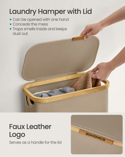 Coș de rufe, subțire, 65L, cu sac de plasă detașabil, pliabil, maro nisipos