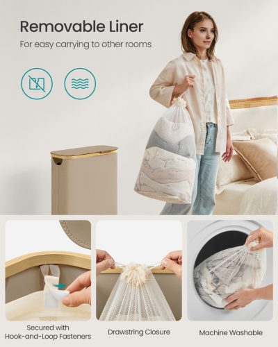 Coș de rufe, subțire, 65L, cu sac de plasă detașabil, pliabil, maro nisipos