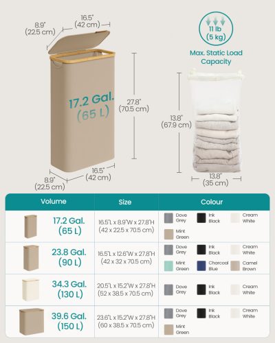 Coș de rufe, subțire, 65L, cu sac de plasă detașabil, pliabil, maro nisipos