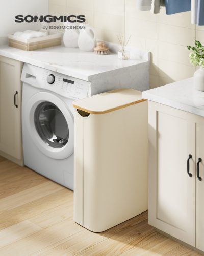 Coș de rufe subțire, 65L, cu mânere din bambus, pliabil, alb crem