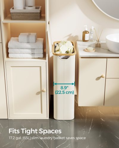 Coș de rufe subțire, 65L, cu mânere din bambus, pliabil, alb crem