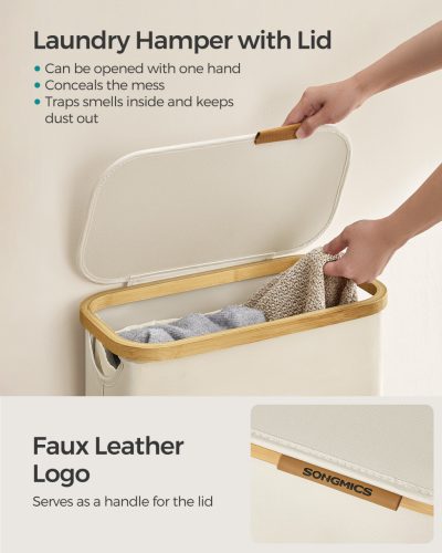 Coș de rufe subțire, 65L, cu mânere din bambus, pliabil, alb crem