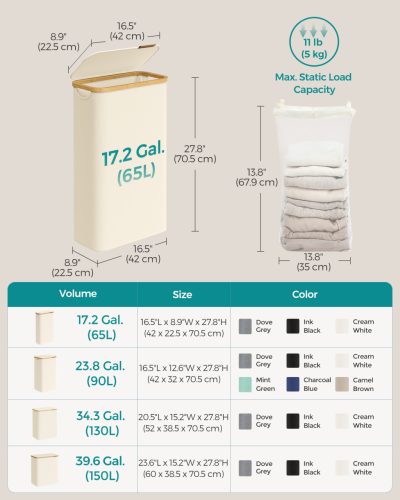 Coș de rufe subțire, 65L, cu mânere din bambus, pliabil, alb crem