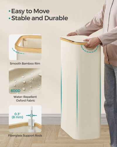 Coș de rufe subțire, 65L, cu mânere din bambus, pliabil, alb crem