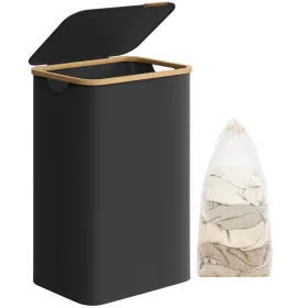   Coș de rufe cu capac, 90 L, căptușeală din plasă, material Oxford, cadru din bambus, negru