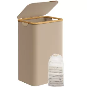   Coș de rufe cu capac, 90 L, căptușeală din plasă, material Oxford, cadru din bambus, lemn natur