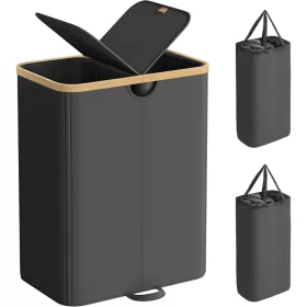   Coș de rufe cu 2 compartimente, capac din bambus, 150L, țesătură Oxford, negru, 52 x