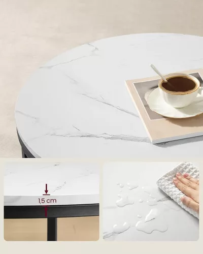 Masă de cafea cu blat de sticlă, spațiu mare de depozitare, stil modern, marmură albă și neagră