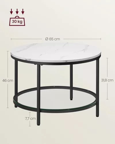 Masă de cafea cu blat de sticlă, spațiu mare de depozitare, stil modern, marmură albă și neagră