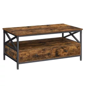 vasagle-masuta-de-cafea-cu-doua-sertare-raft-de-depozitare-cadru-din-otel-maro-rustic