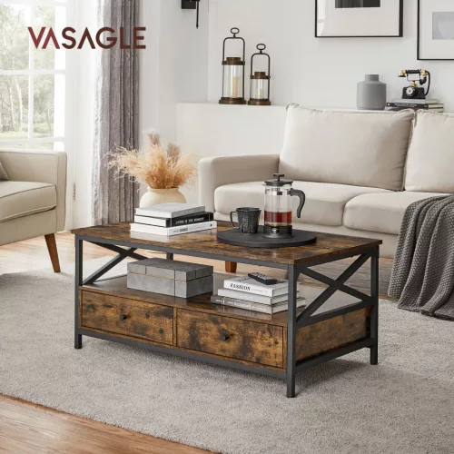 vasagle-masuta-de-cafea-cu-doua-sertare-raft-de-depozitare-cadru-din-otel-maro-rustic