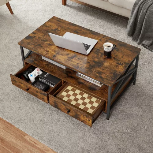 vasagle-masuta-de-cafea-cu-doua-sertare-raft-de-depozitare-cadru-din-otel-maro-rustic
