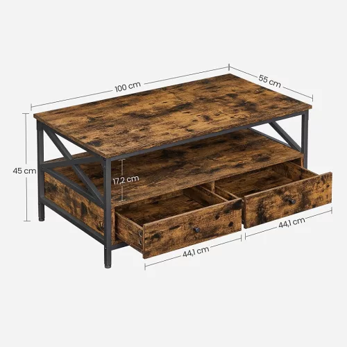 vasagle-masuta-de-cafea-cu-doua-sertare-raft-de-depozitare-cadru-din-otel-maro-rustic