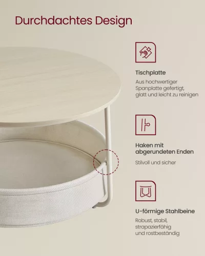 Masă de cafea rotundă cu spațiu de depozitare, cadru metalic modern, bej 75 x 75 x 45