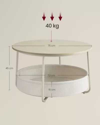 Masă de cafea rotundă cu spațiu de depozitare, cadru metalic modern, bej 75 x 75 x 45