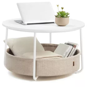   Masă de cafea, rotundă, cu spațiu de depozitare, stil modern, alb și maro deschis, 80 cm