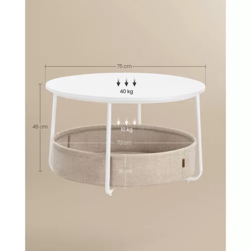 Masă de cafea, rotundă, cu spațiu de depozitare, stil modern, alb și maro deschis, 80 cm