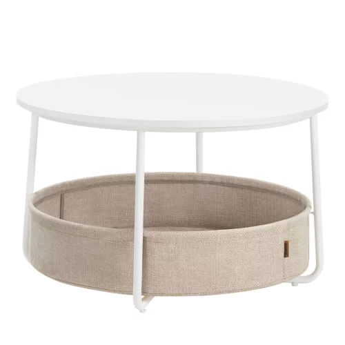 Masă de cafea, rotundă, cu spațiu de depozitare, stil modern, alb și maro deschis, 80 cm