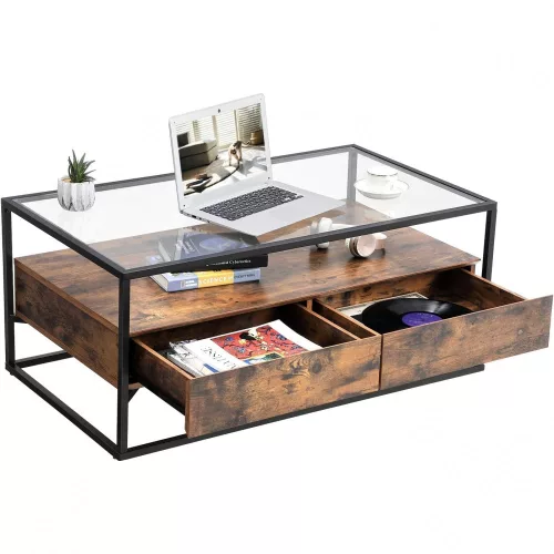 vasagle-masuta-de-cafea-dreptunghiulara-cu-blat-din-sticla-maro-rustic-106x57x45cm