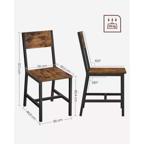 2 x Scaune de sufragerie cu cadru metalic, tapițate, maro rustic, 87,6 x 50 x 36 cm