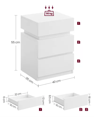 2 noptiere cu iluminare LED, 3 sertare, alb 35x40x55cm