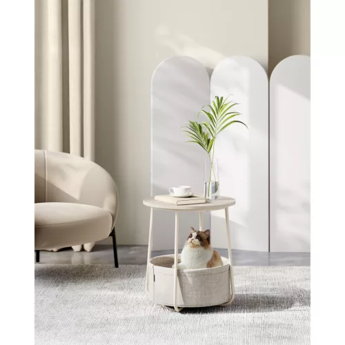 Masă rotundă de depozitare cu coș din material textil, crem 45x51cm