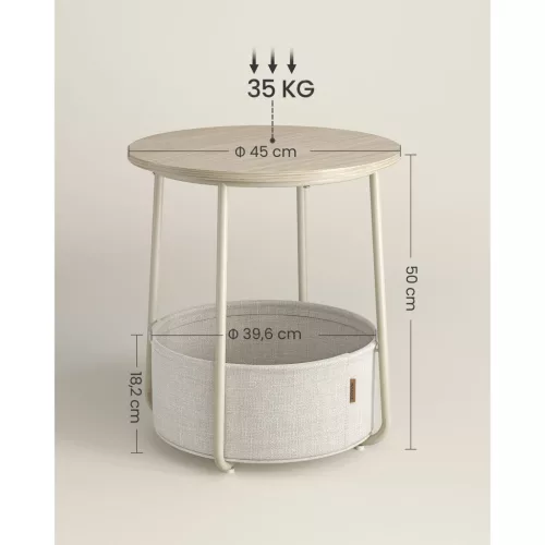 Masă rotundă de depozitare cu coș din material textil, crem 45x51cm