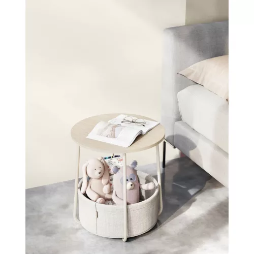 Masă rotundă de depozitare cu coș din material textil, crem 45x51cm